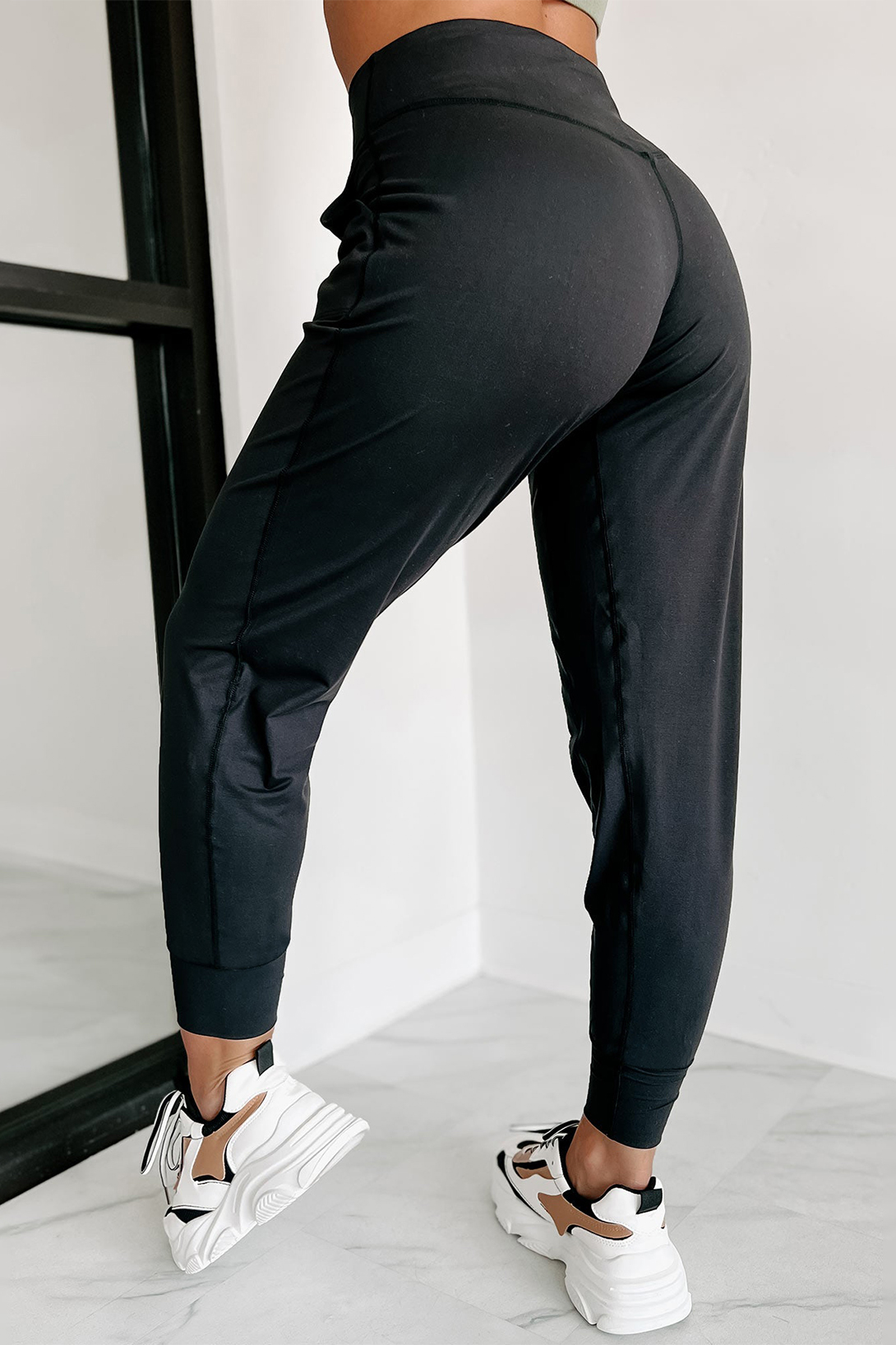 Black Exposed Seam High Waist Pocketed Joggers - loveforevers