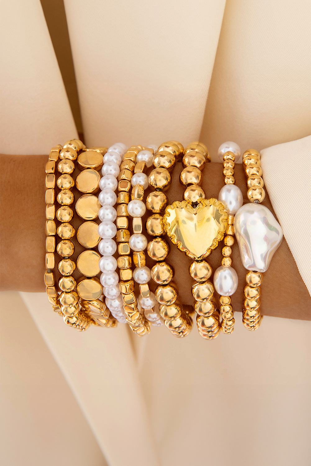 Gold Alloy Plated Pearl Beading 10pcs Bracelet Set - loveforevers