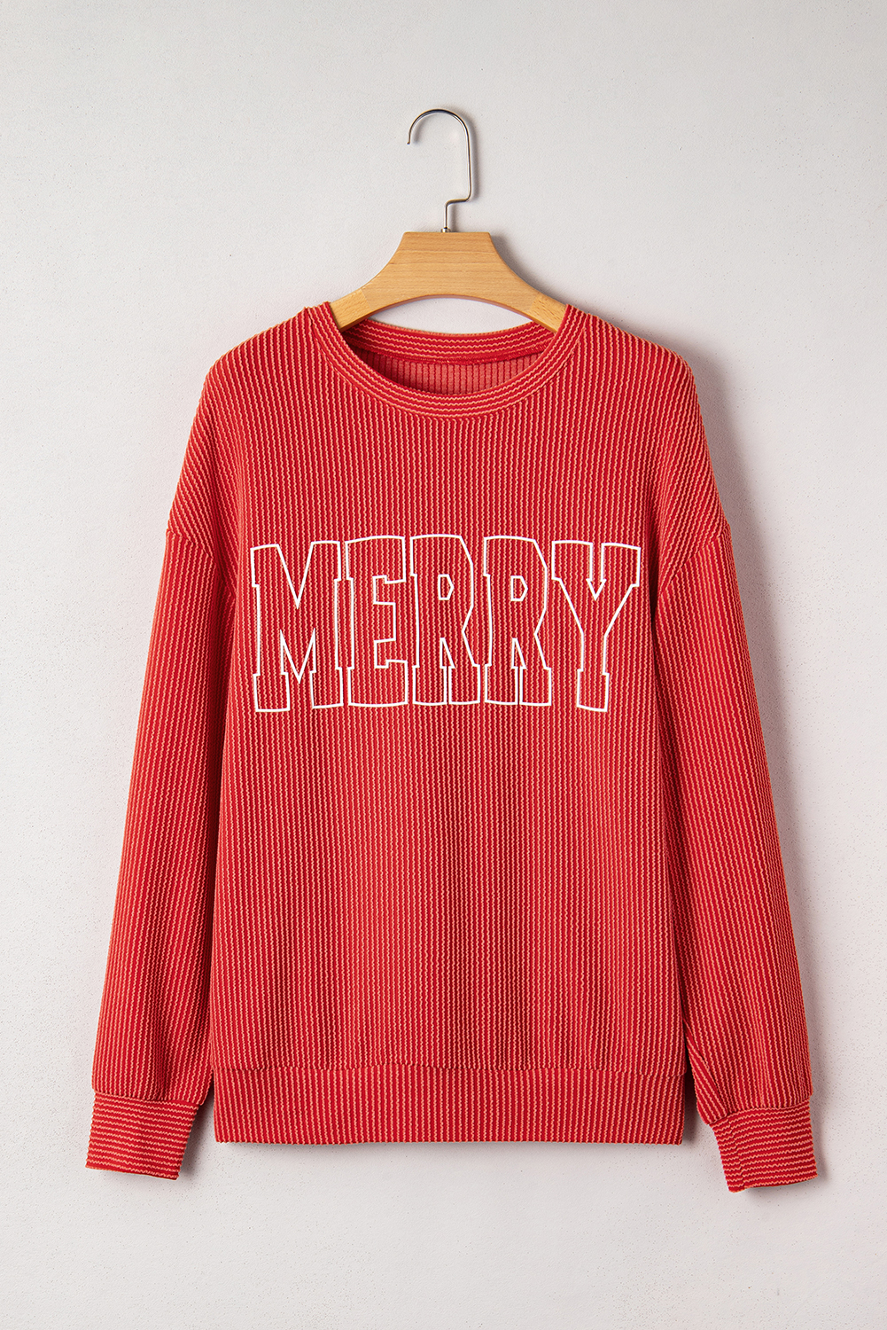 Evergreen Twisted Rib Outlined Merry Letter Graphic Loose Long Sleeve Top - loveforevers