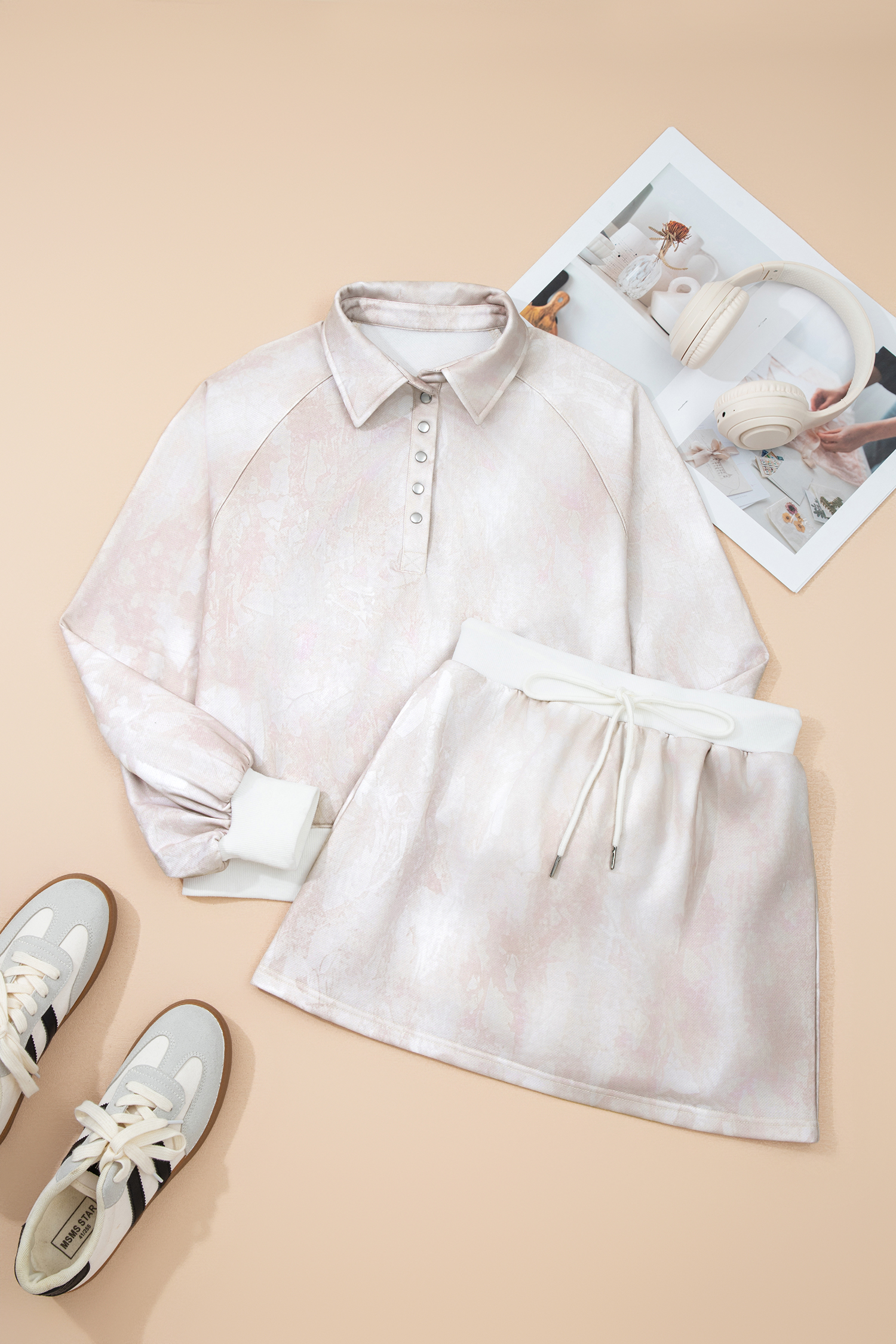 White Abstract Woodland Print Balloon Sleeve Pullover Drawstring Mini Skort Set - loveforevers