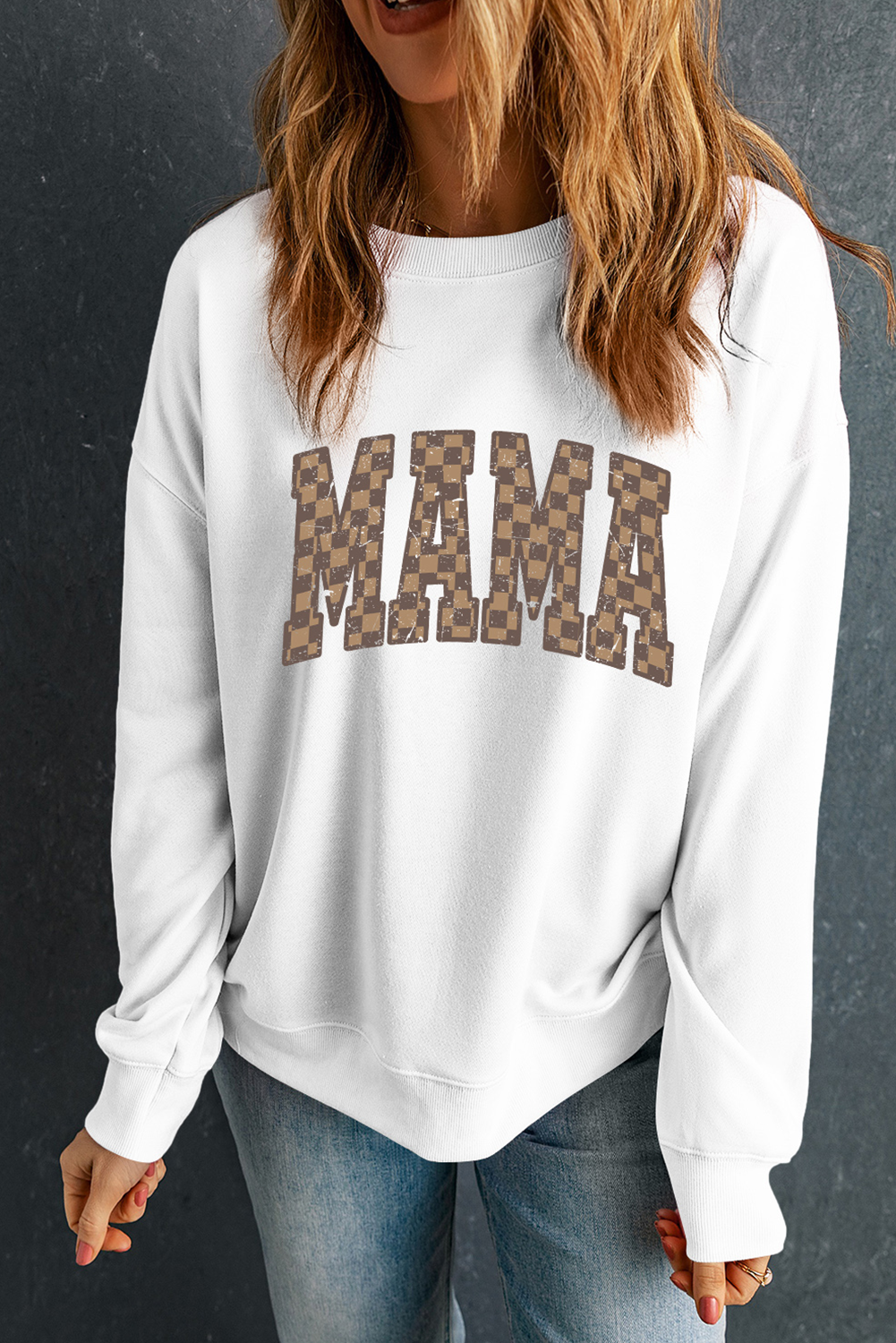 White Checkerboard MAMA Graphic Drop Shoulder Sweatshirt - loveforevers