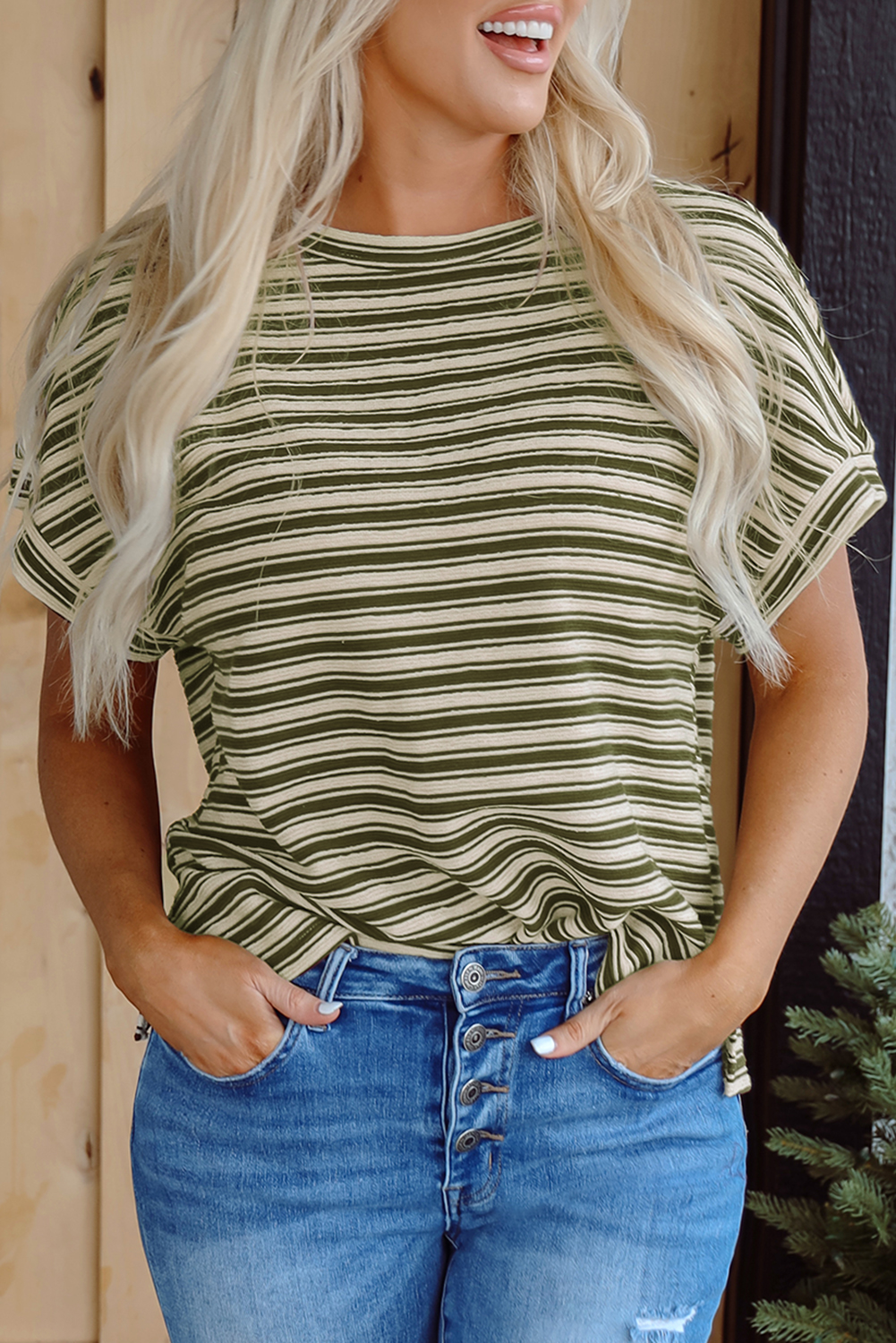 Green Stripe Textured Side Slits Crew Neck T Shirt - loveforevers