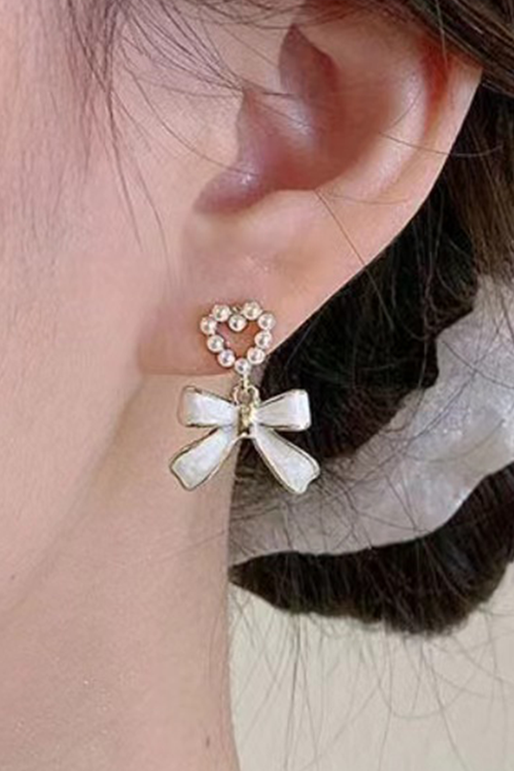 Gold Pearled Heart Shape Bow Knot Dangle Earrings - loveforevers