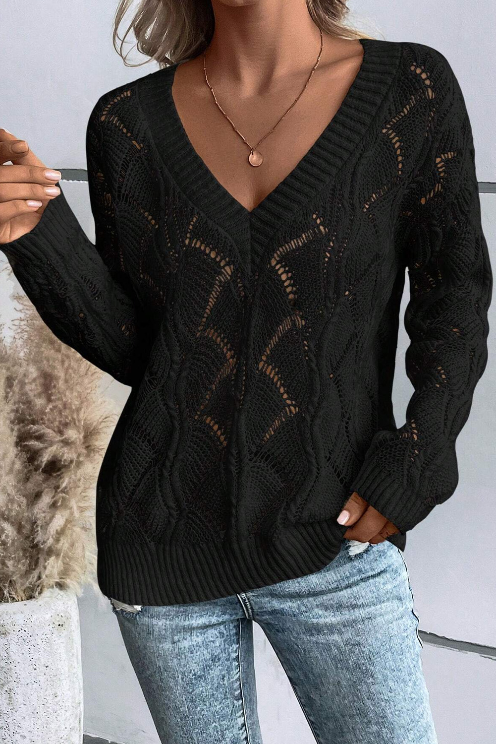 Beige Hollow Out Knit V Neck Drop Shoulder Sweater - loveforevers