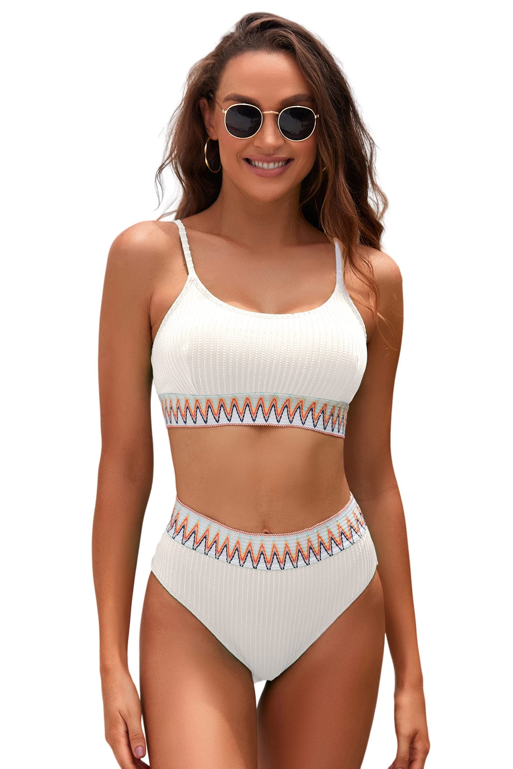 White Textured Contrast Banding Bikini High Waist 2pcs Swimsuit - loveforevers