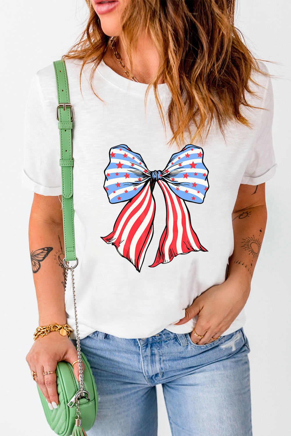 Khaki American Flag Bow Knot Print Round Neck T Shirt - loveforevers