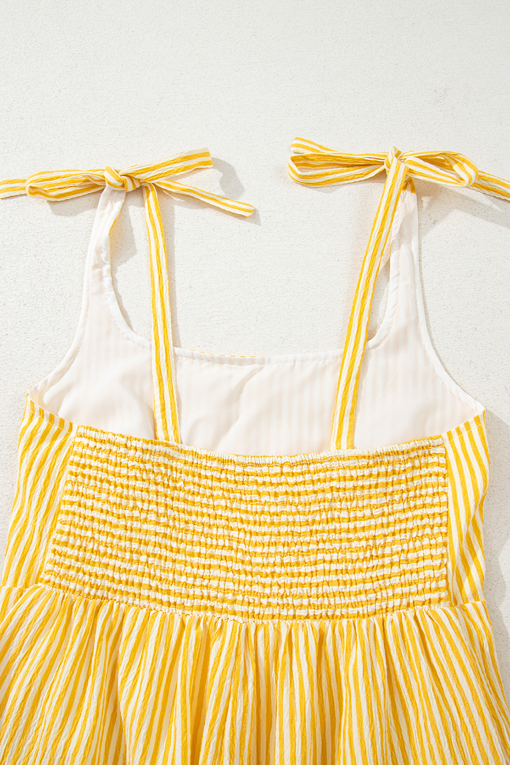 Yellow Stripe Shoulder Tie Smocked Back Wide Leg Casual Romper - loveforevers