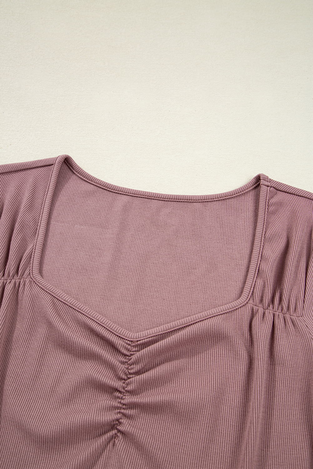 Burgundy Gathered Bust Square Neck Ribbed Fit Long Sleeve Top - loveforevers