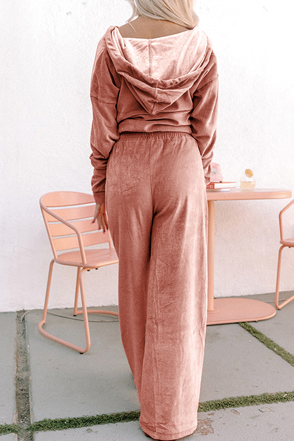 Peach Blossom Velvet Zip-up Hoodie and Wide Leg Pants Set - loveforevers