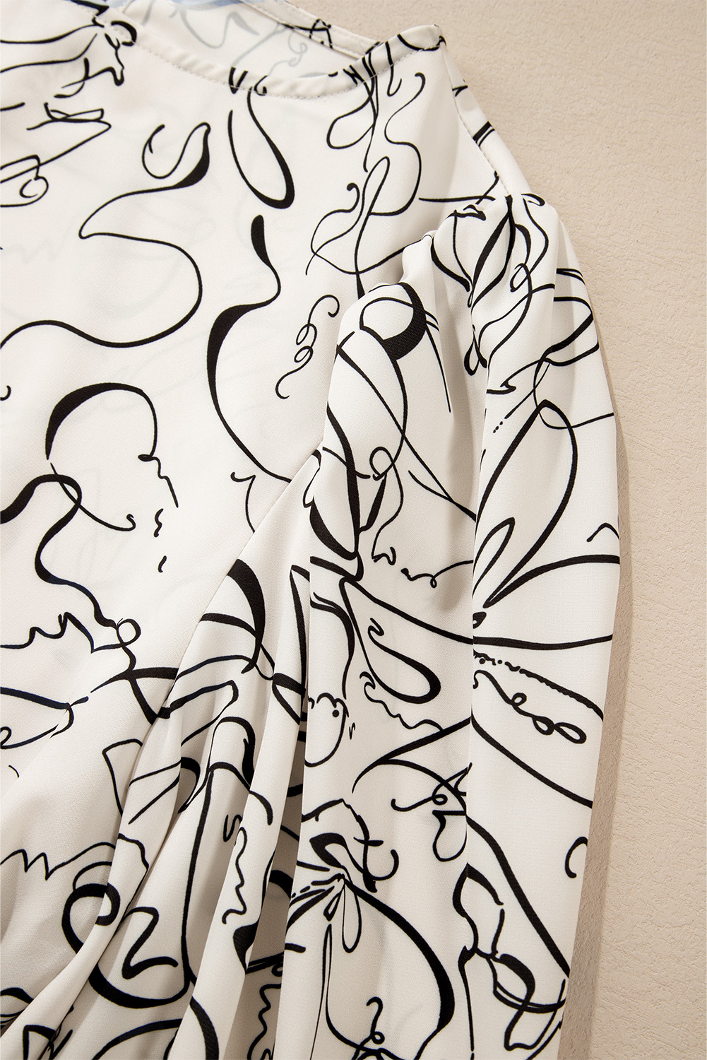 Beige Abstract Print Balloon Sleeve Crew Neck Blouse - loveforevers