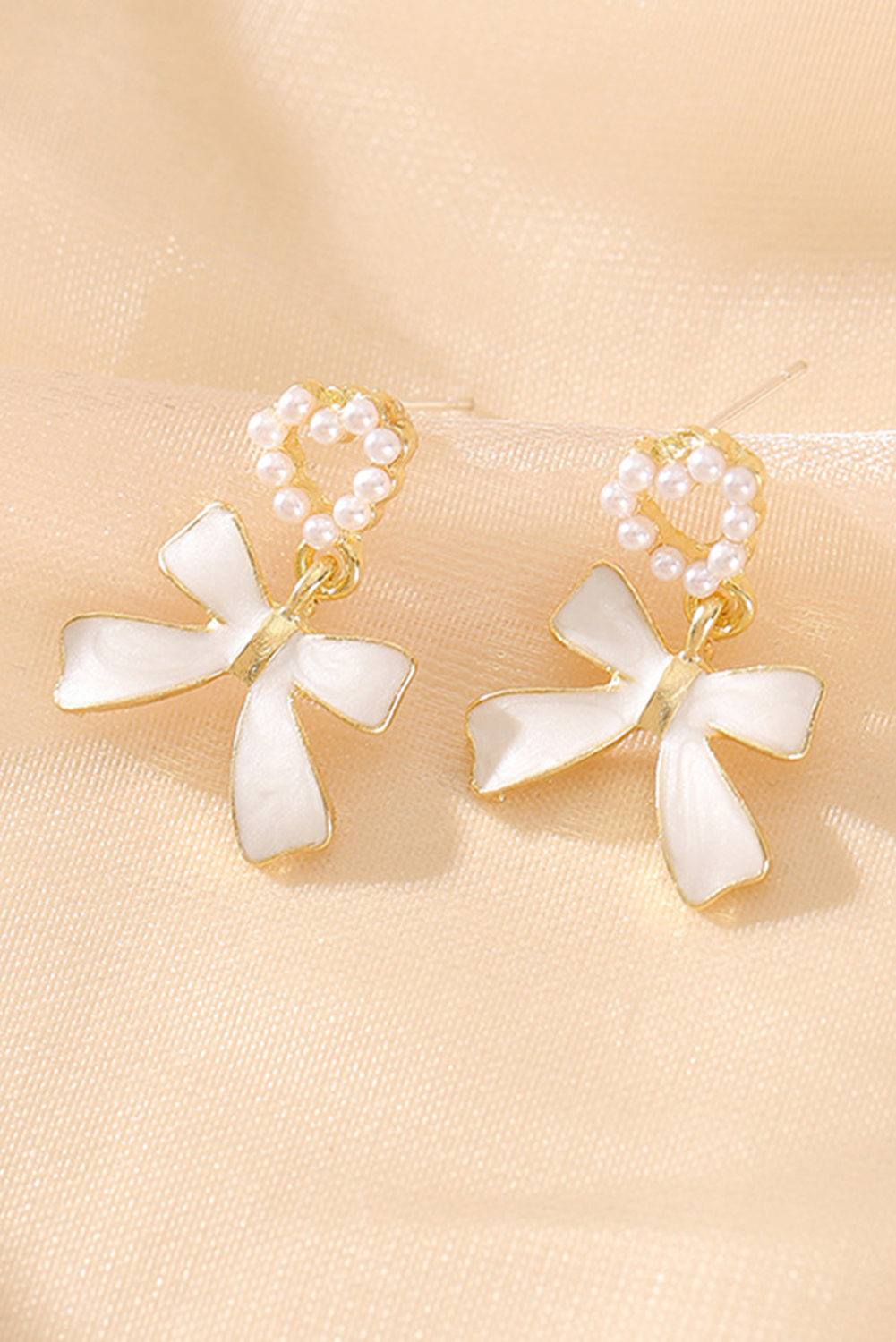 Gold Pearled Heart Shape Bow Knot Dangle Earrings - loveforevers