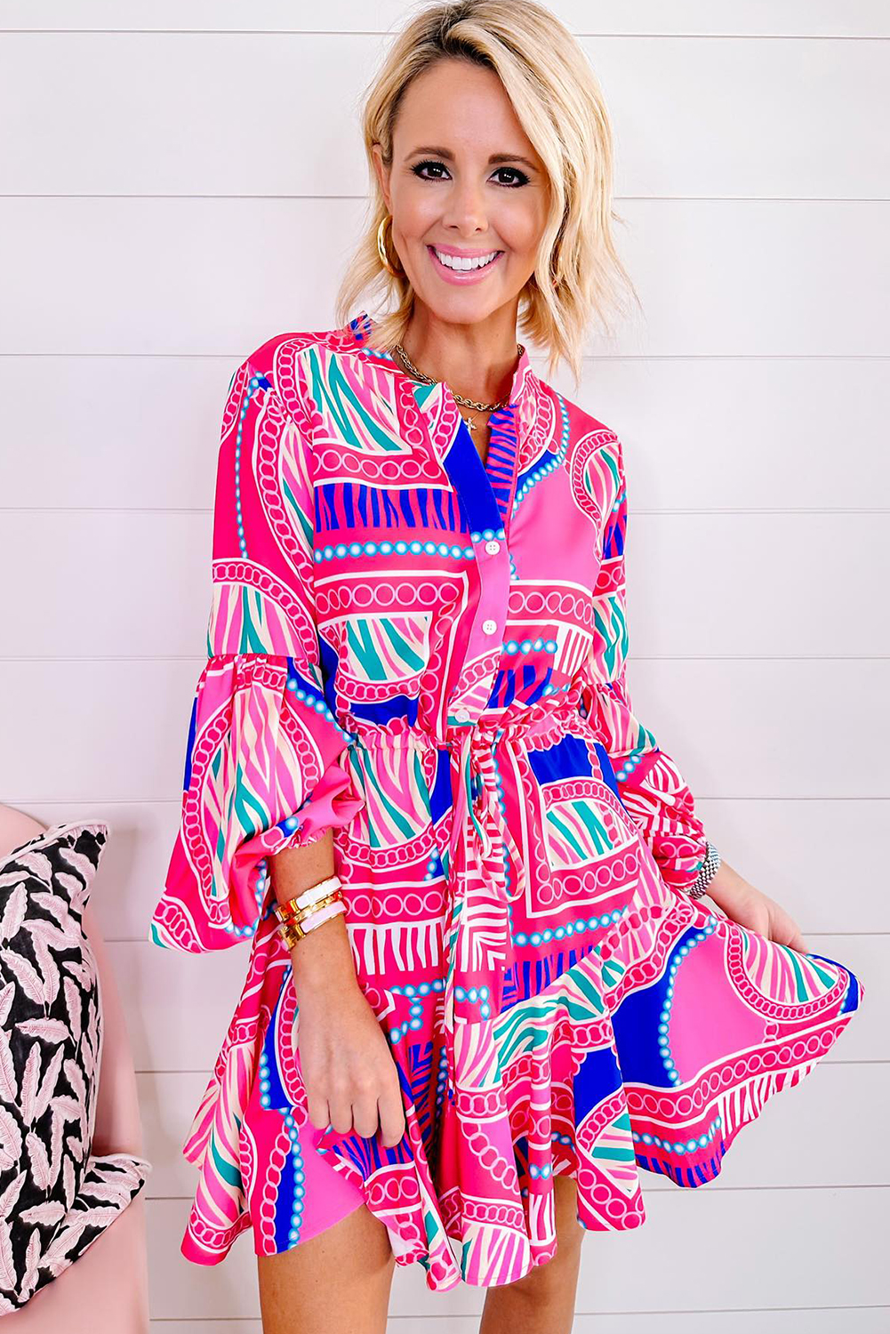Rose Boho Abstract Printed Puff Sleeve Drawstring Waist Ruffled Mini Dress - loveforevers