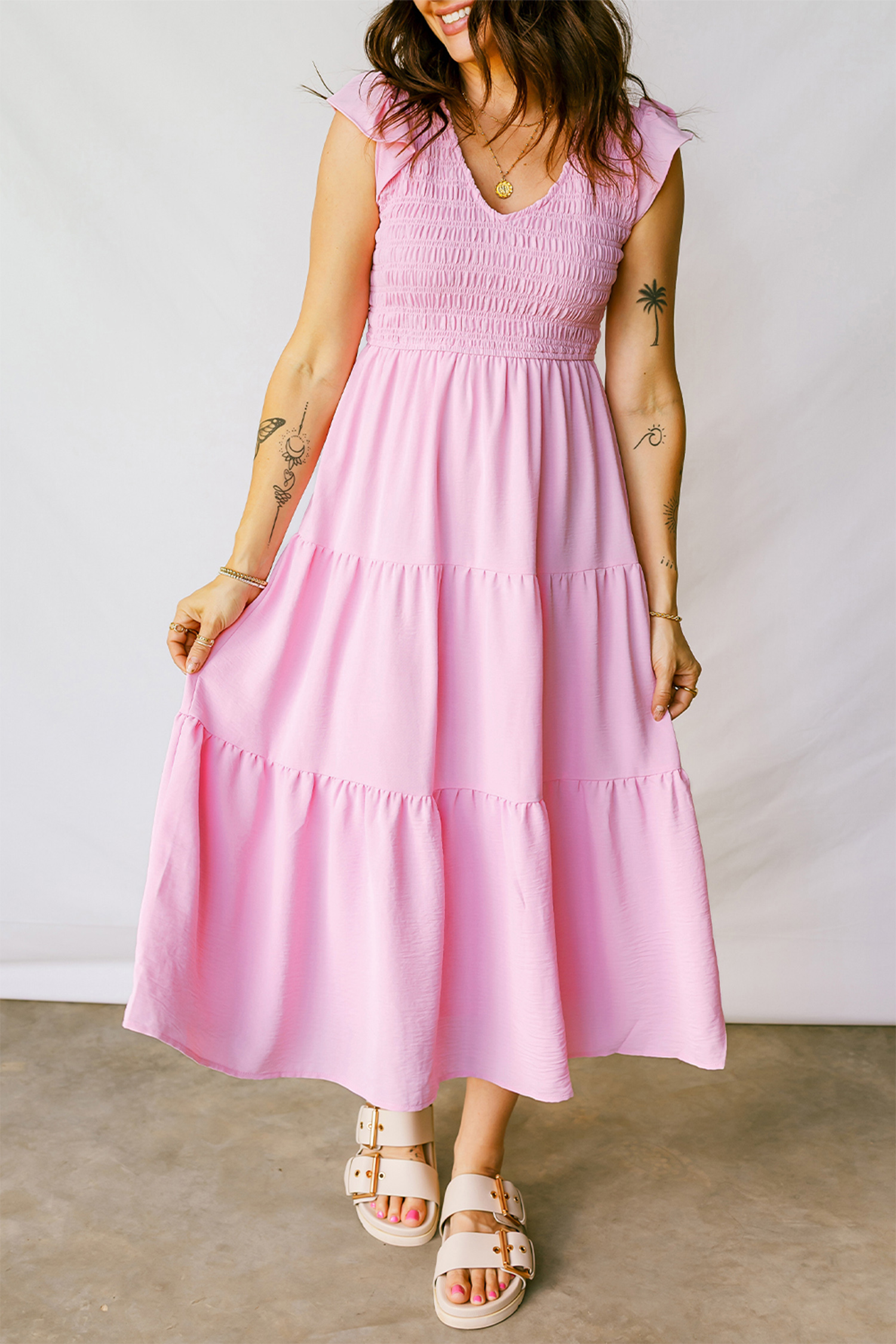 Pink Smocked Bodice Flutter Sleeve Fit Flare Tiered Midi Dress - loveforevers