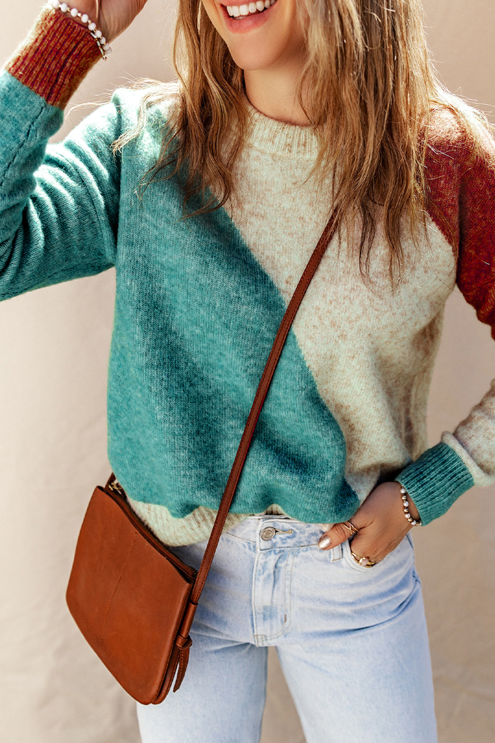 Multicolor Colorblock Ribbed Trim Round Neck Sweater - loveforevers