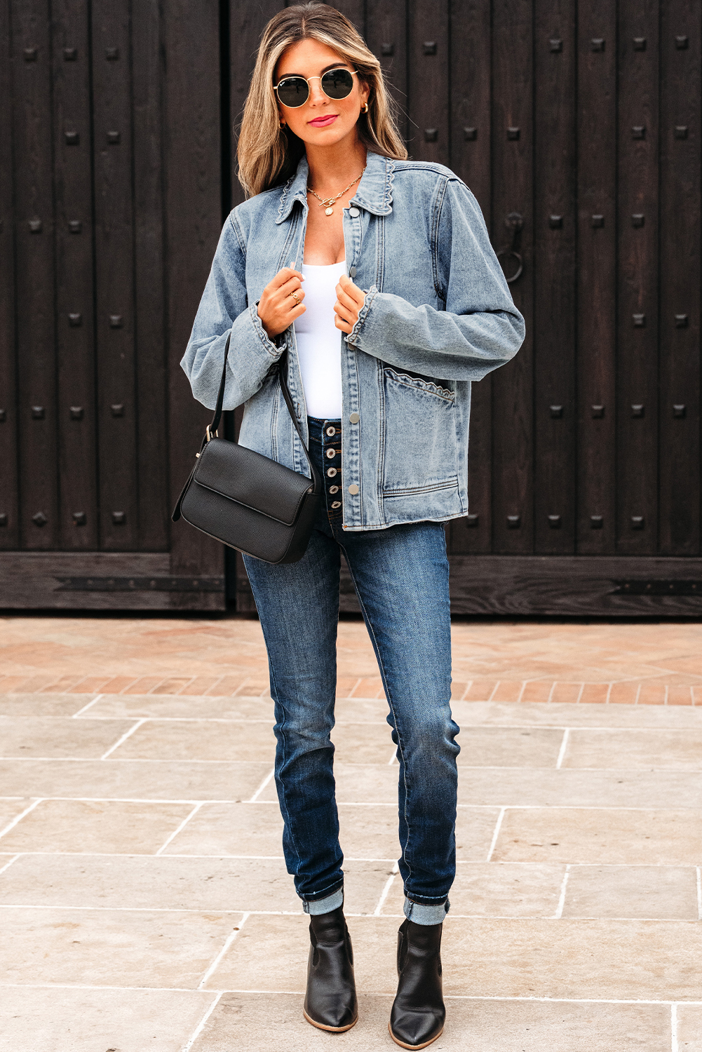 Myosotis Scallop Trim Collar Patched Pocket Button Up Mineral Washed Denim Jacket - loveforevers