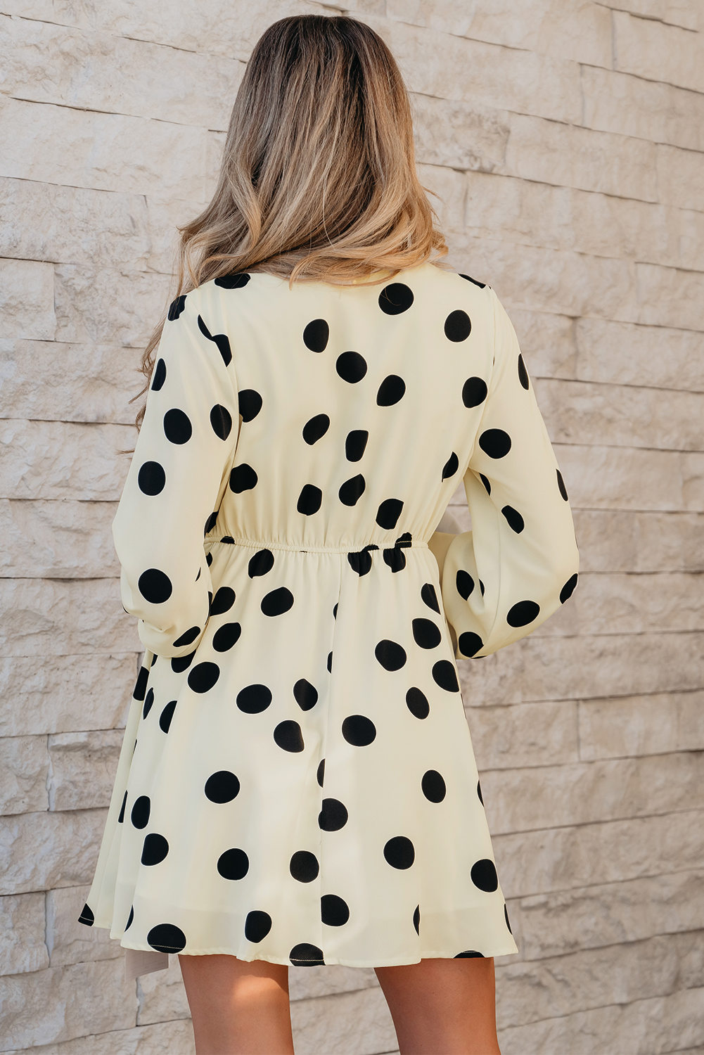 Beige Polka Dot Printed Surplice V Neck Puff Sleeve Mini Dress - loveforevers