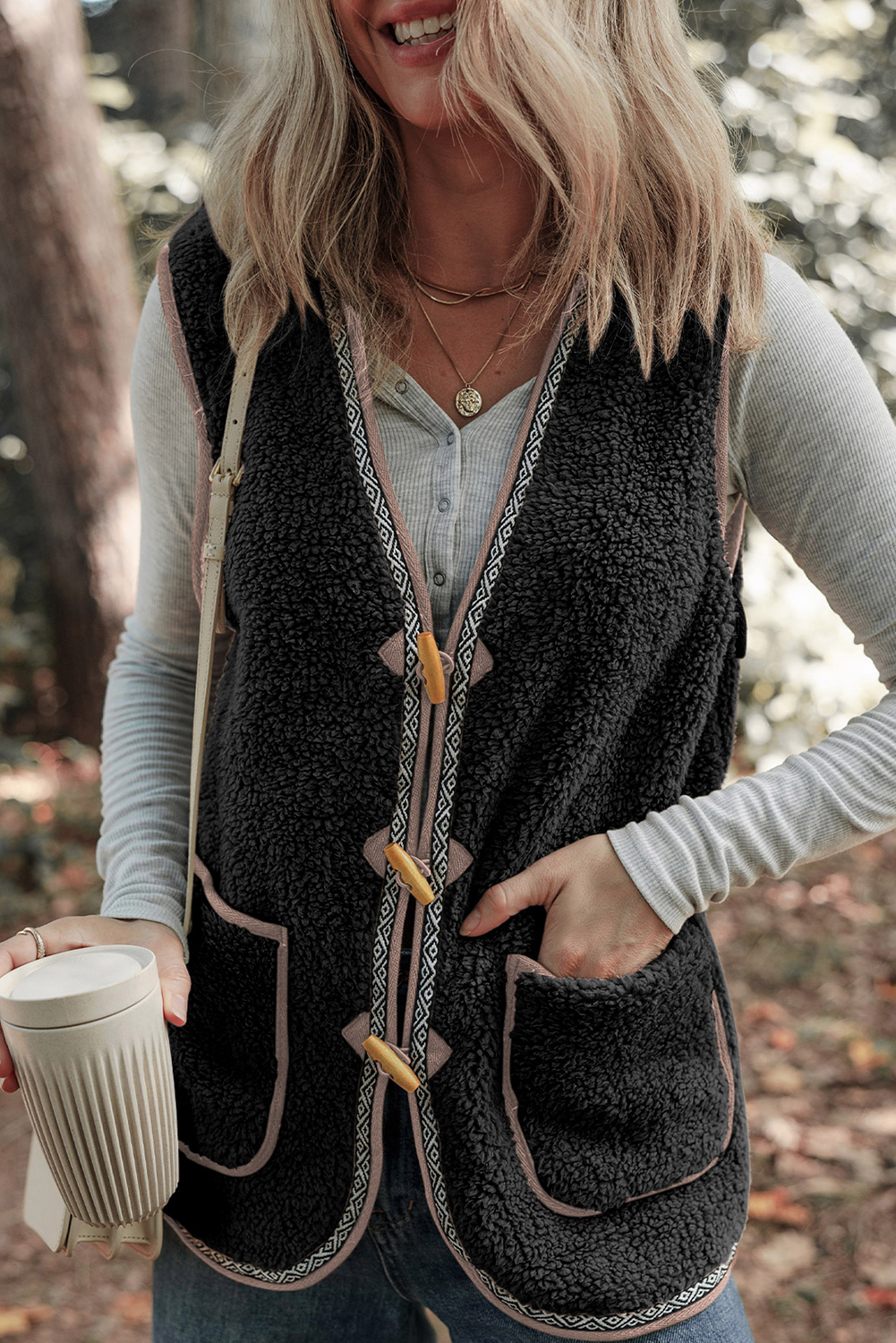 Dark Khaki Sherpa Contrast Trim Patch Pocket Cartridge Toggle Button Vest - loveforevers