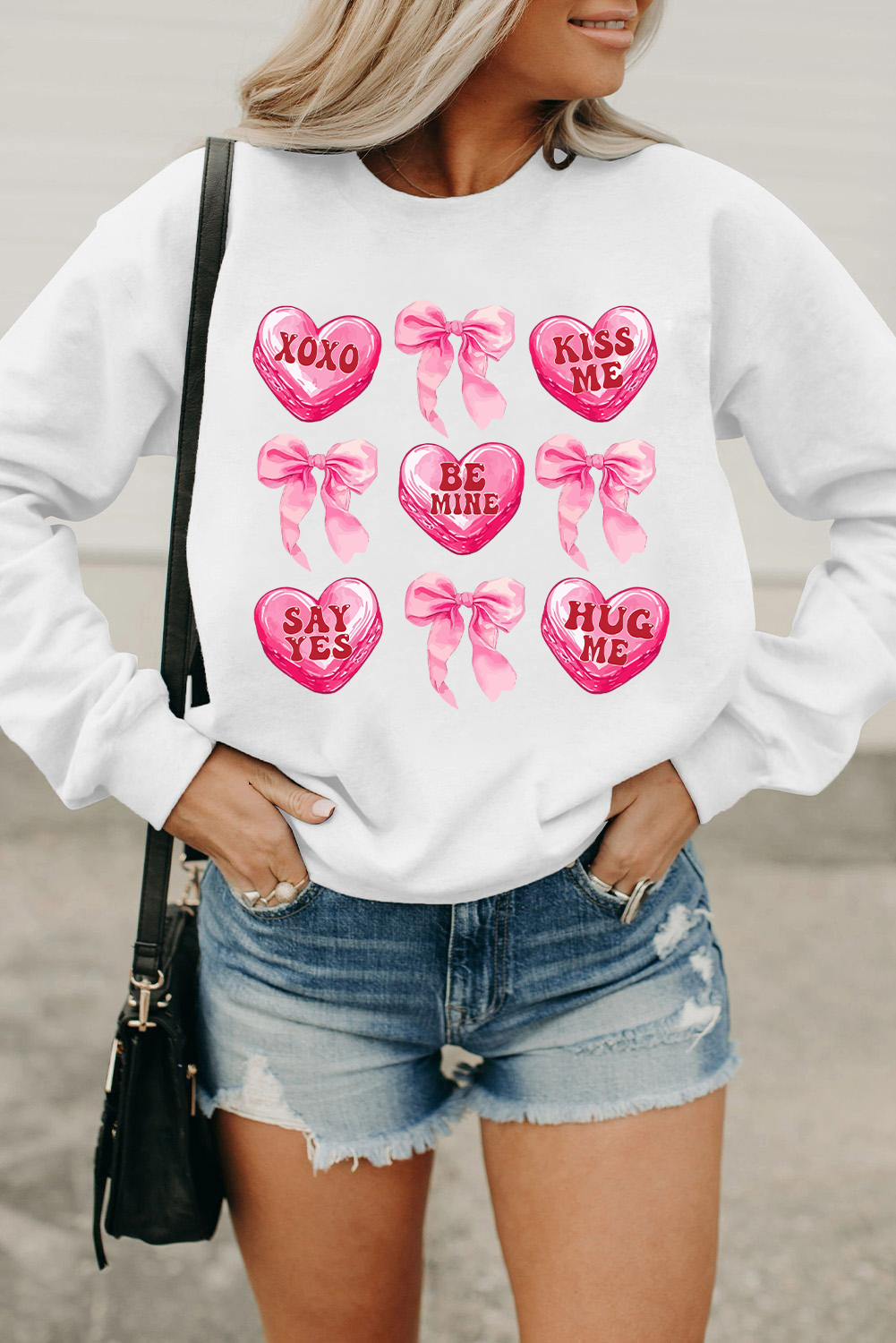 White Valentine Candy Heart & Bow Graphic Sweatshirt - loveforevers