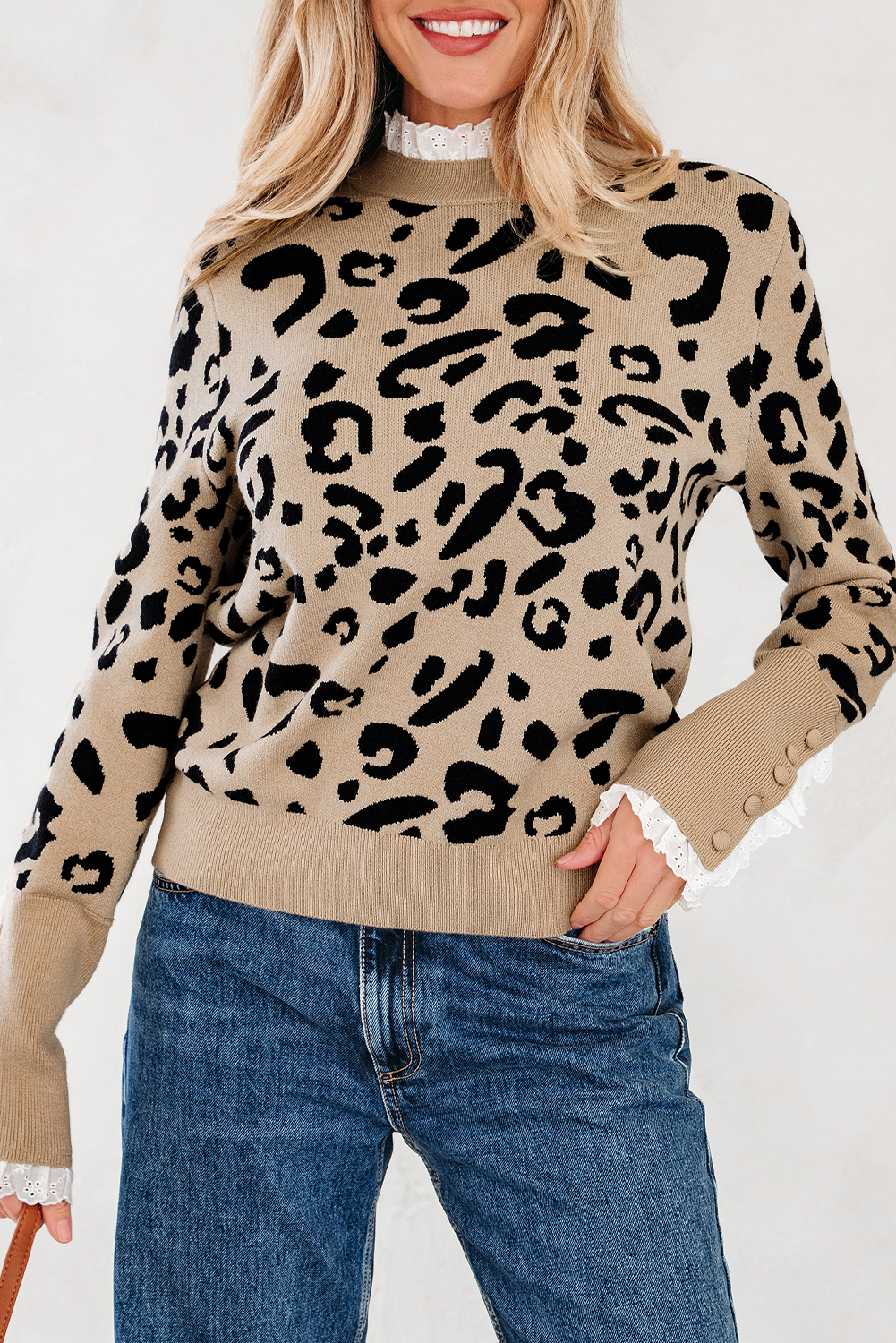 Dearlovers Brown Leopard Pattern Lace Ribbed Detail Button Cuffed Sweater - loveforevers