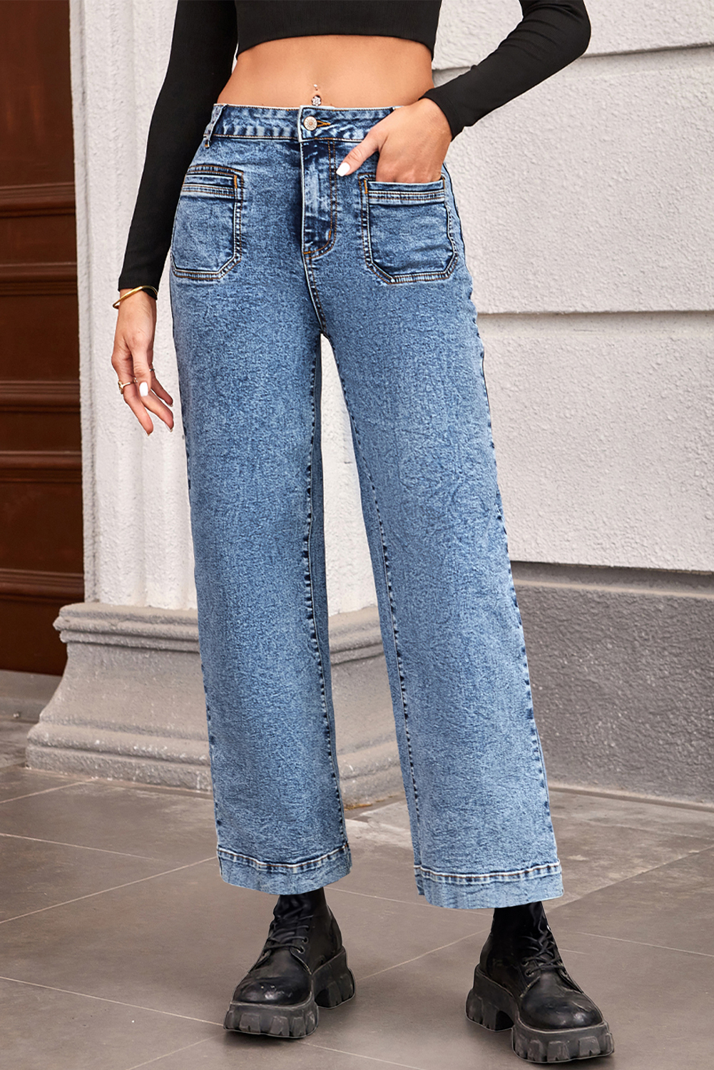 Light Blue Chic Patch Pocket Straight Leg Loose Jeans - loveforevers