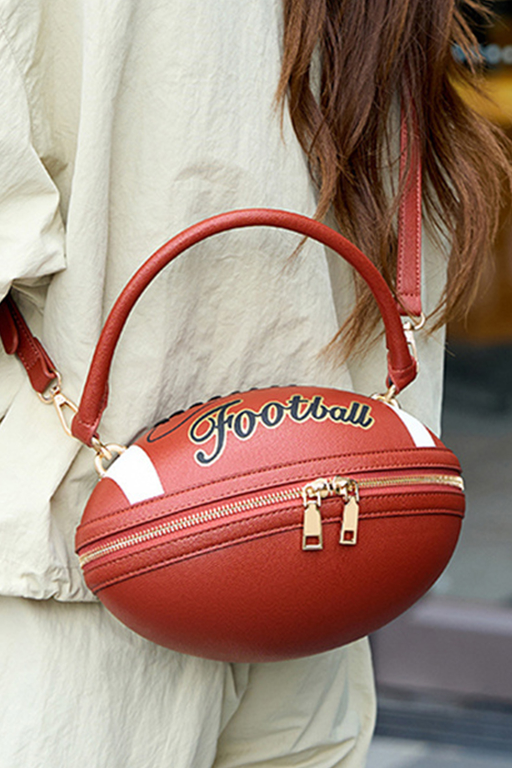Chestnut Faux Leather Football Spherical Hand Bag - loveforevers
