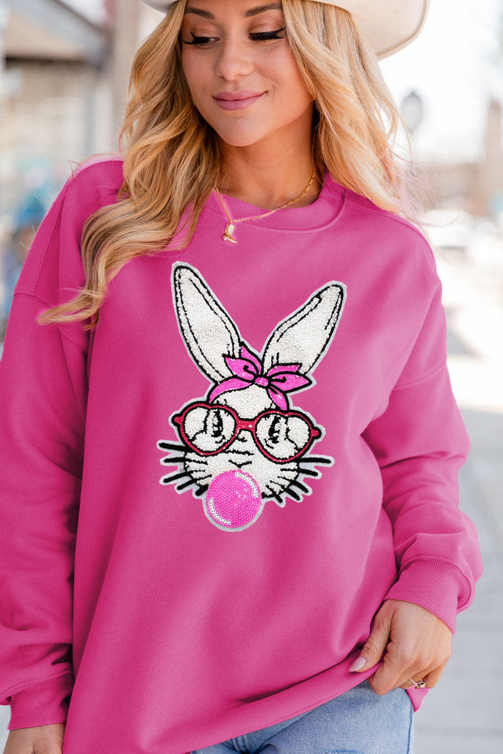 Bonbon Bubble Gum Rabbit Sequin Graphic Drop Shoulder Sweatshirt - loveforevers