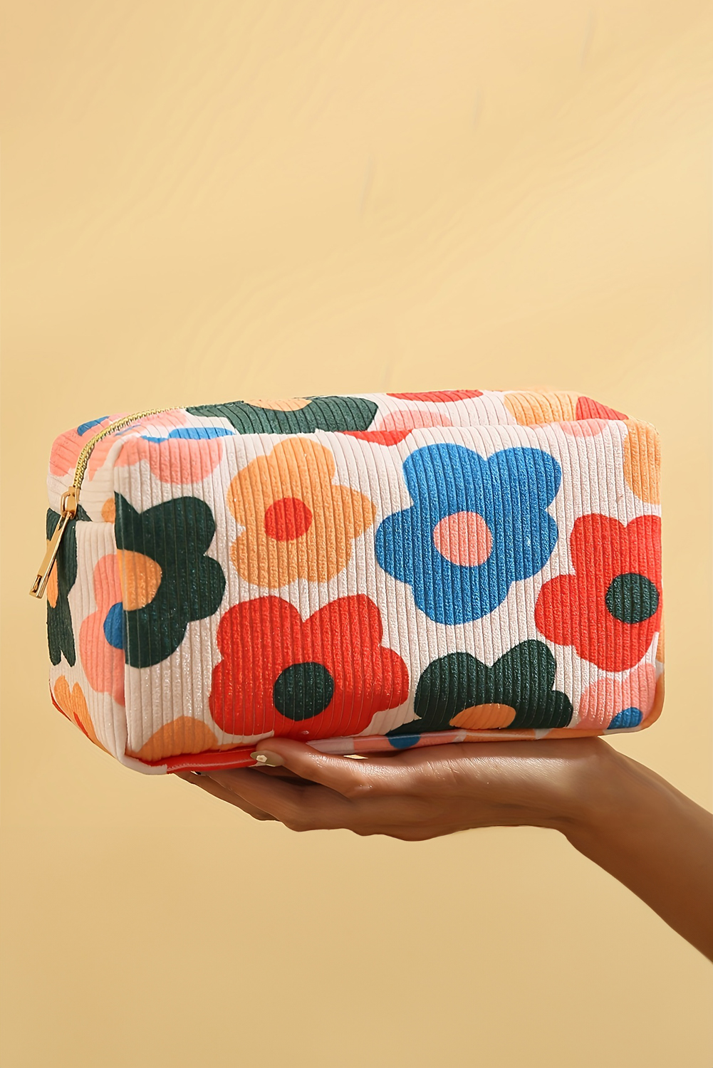 White Flower Print Zipper Square Corduroy Cosmetic Bag - loveforevers