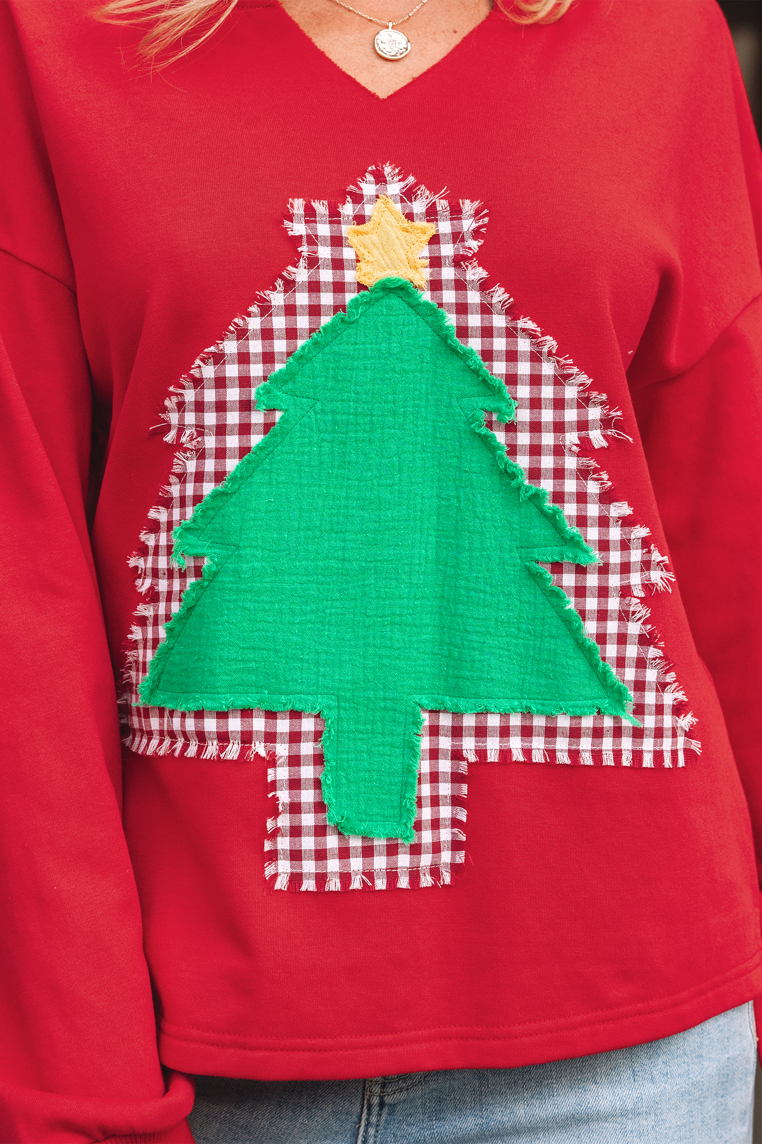 Fiery Red Plaid Frayed Double Christmas Tree Patched Drop Shoulder Sweatshirt - loveforevers