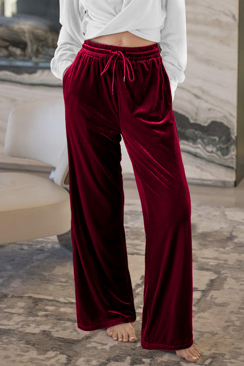 Evergreen Solid Drawstring Waist Wide Leg Pants - loveforevers
