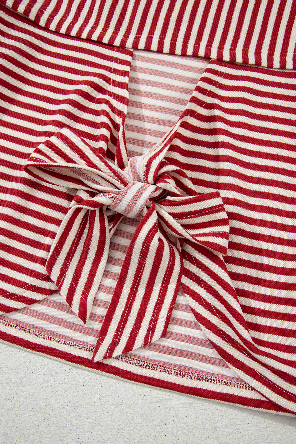 Red Stripe Bowknot Cutout Back Drop Shoulder Wide Bracelet Sleeve Loose Tee - loveforevers