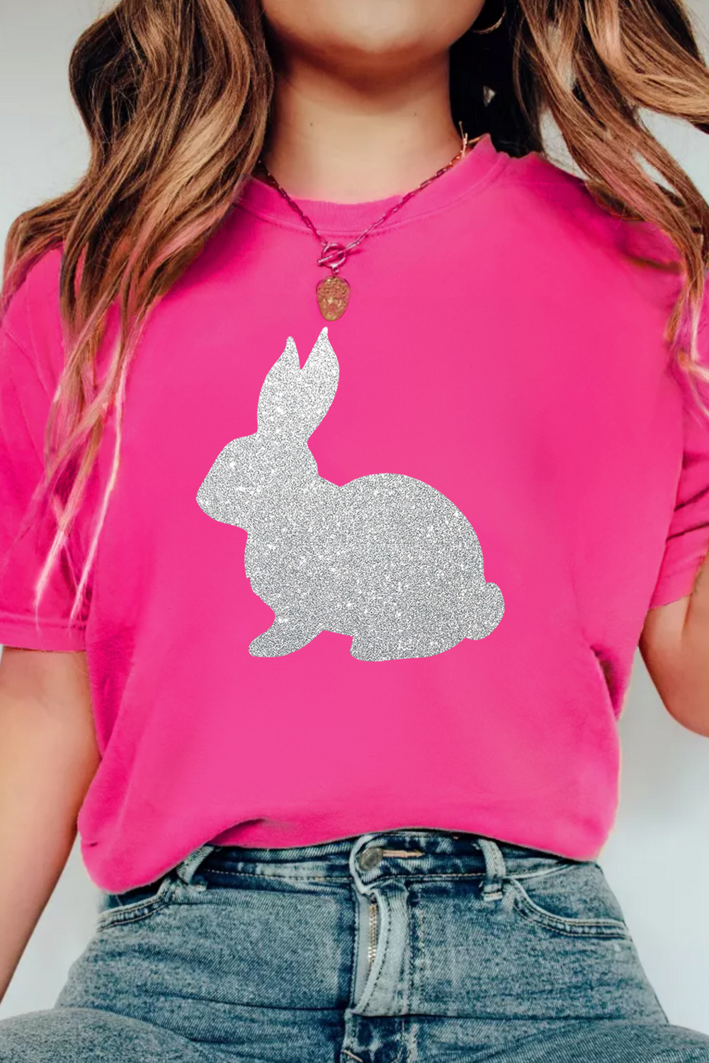 Rose Red Glitter Easter Bunny Graphic Crew Neck Tee - loveforevers