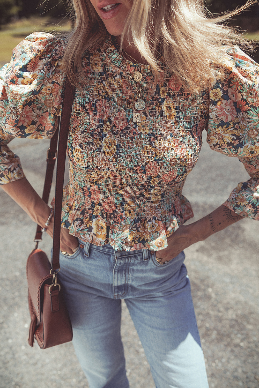 Yellow Floral Print Smocked Bubble Sleeve Ruffled Crop Top - loveforevers