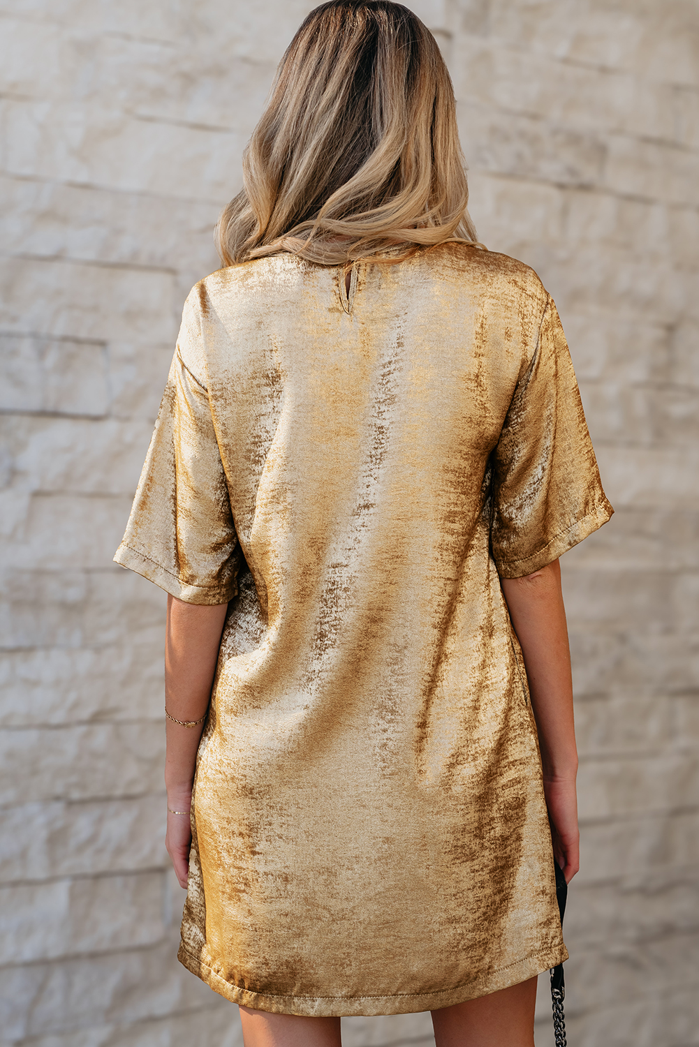 Gold Metallic Luster Crewneck Mini T-Shirt Dress - loveforevers