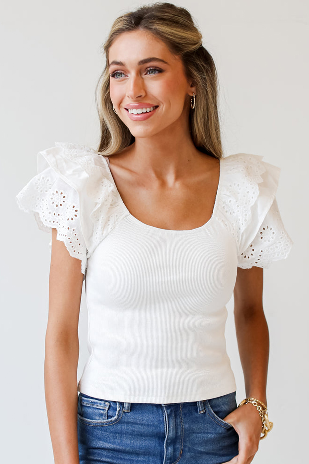 White Eyelet Ruffle Sleeve Slim Fitted Top - loveforevers