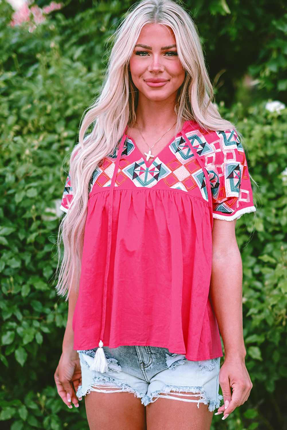 Strawberry Pink Geometric Embroidered Tassel Tie V Neck Blouse - loveforevers