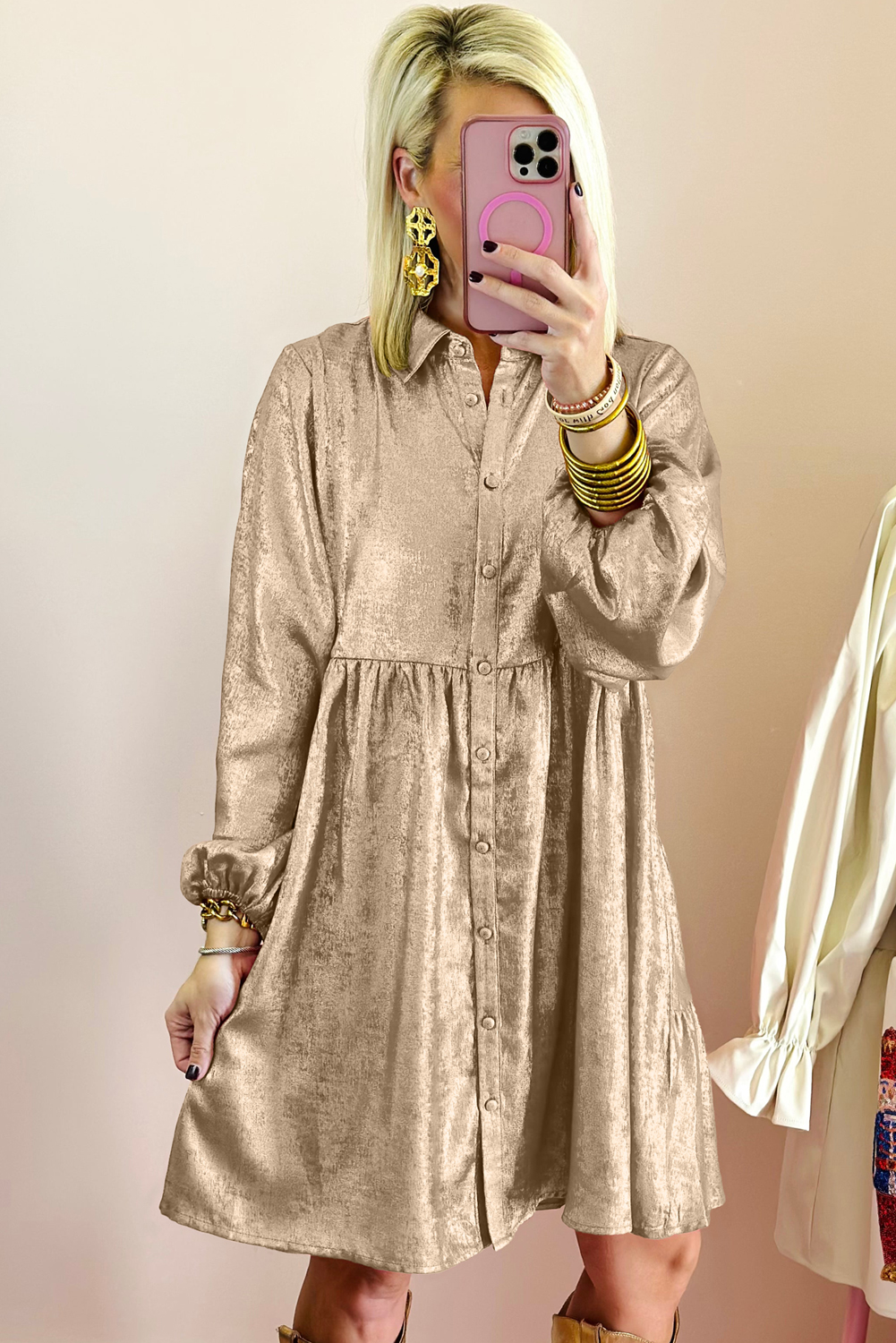 Dearlovers Gold Metallic Frilled V Neck Puff Sleeve Babydoll Blouse - loveforevers