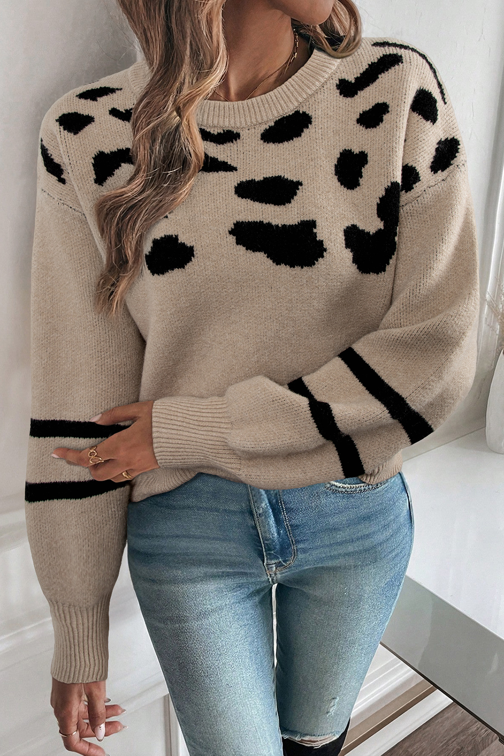 Khaki Leopard Striped Detail Drop Shoulder Sweater - loveforevers