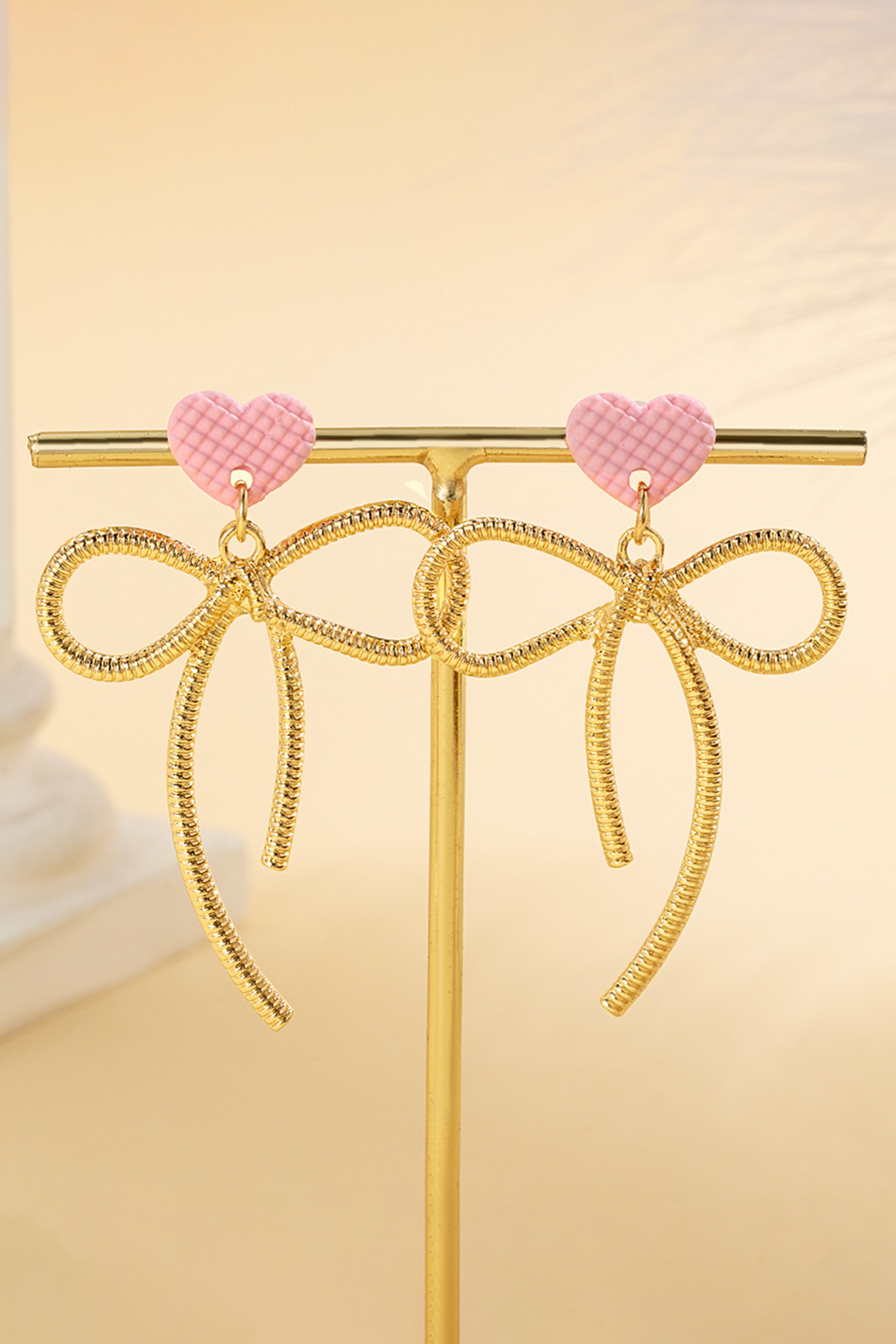 Pink Waffled Heart Stud Gold Plated Bow Dangle Earrings - loveforevers