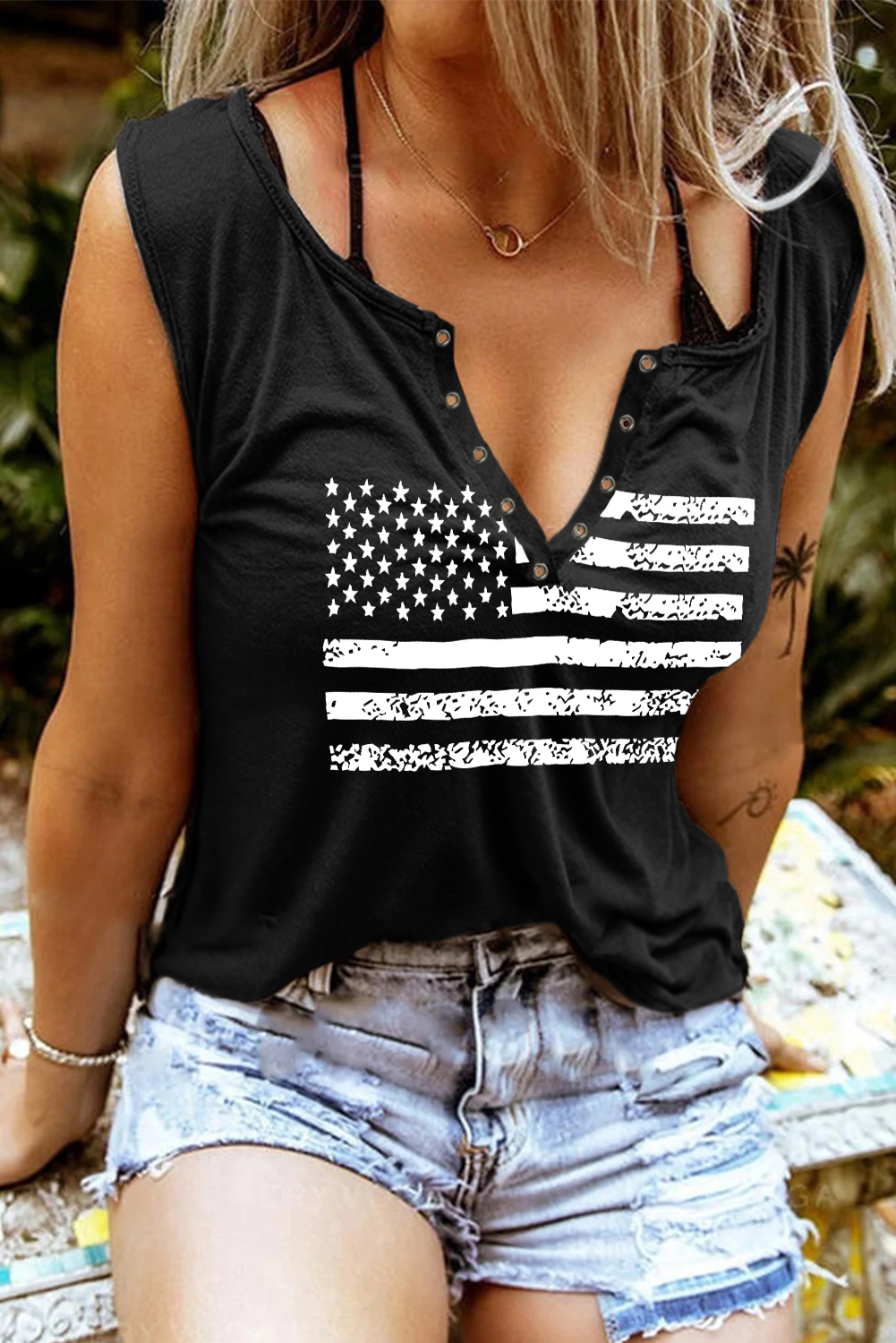 Black American Flag Print Split V Neck Sleeveless Top - loveforevers