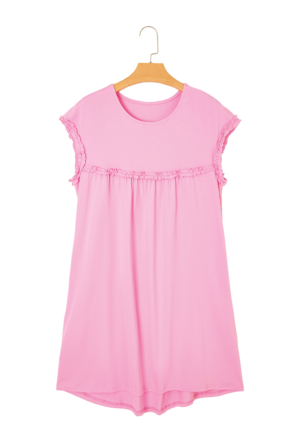 Pink Frilled Trim Crew Neck Loose Fit Mini Dress - loveforevers