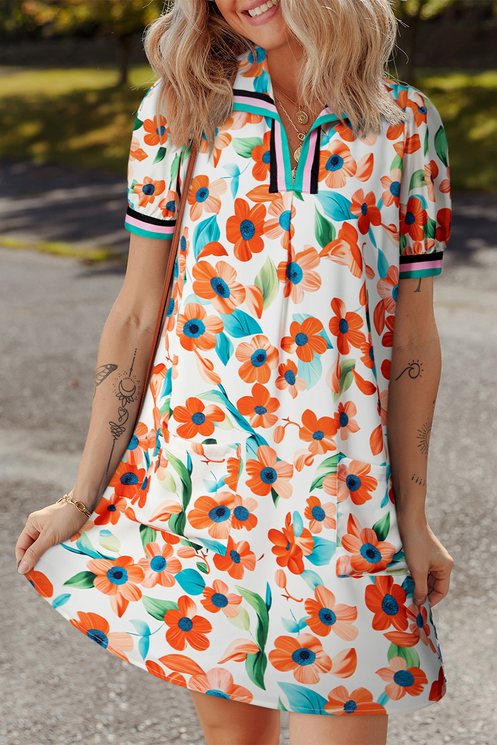 Orange Contrast Trim Floral Split Neck Puff Short Sleeve Tiered Mini Dress - loveforevers