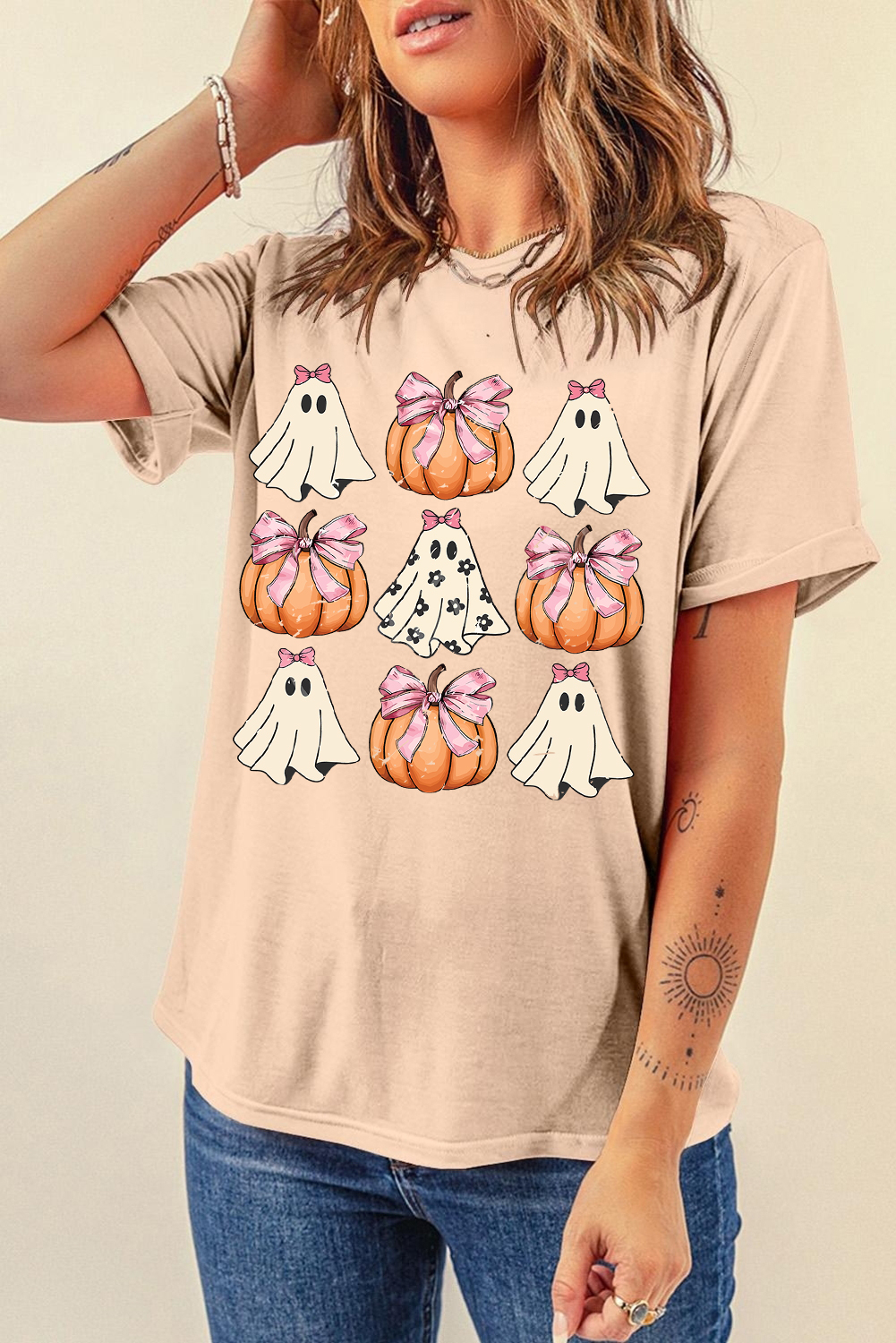 Khaki Bowknot Ghost Pumpkin Graphic Halloween T Shirt - loveforevers