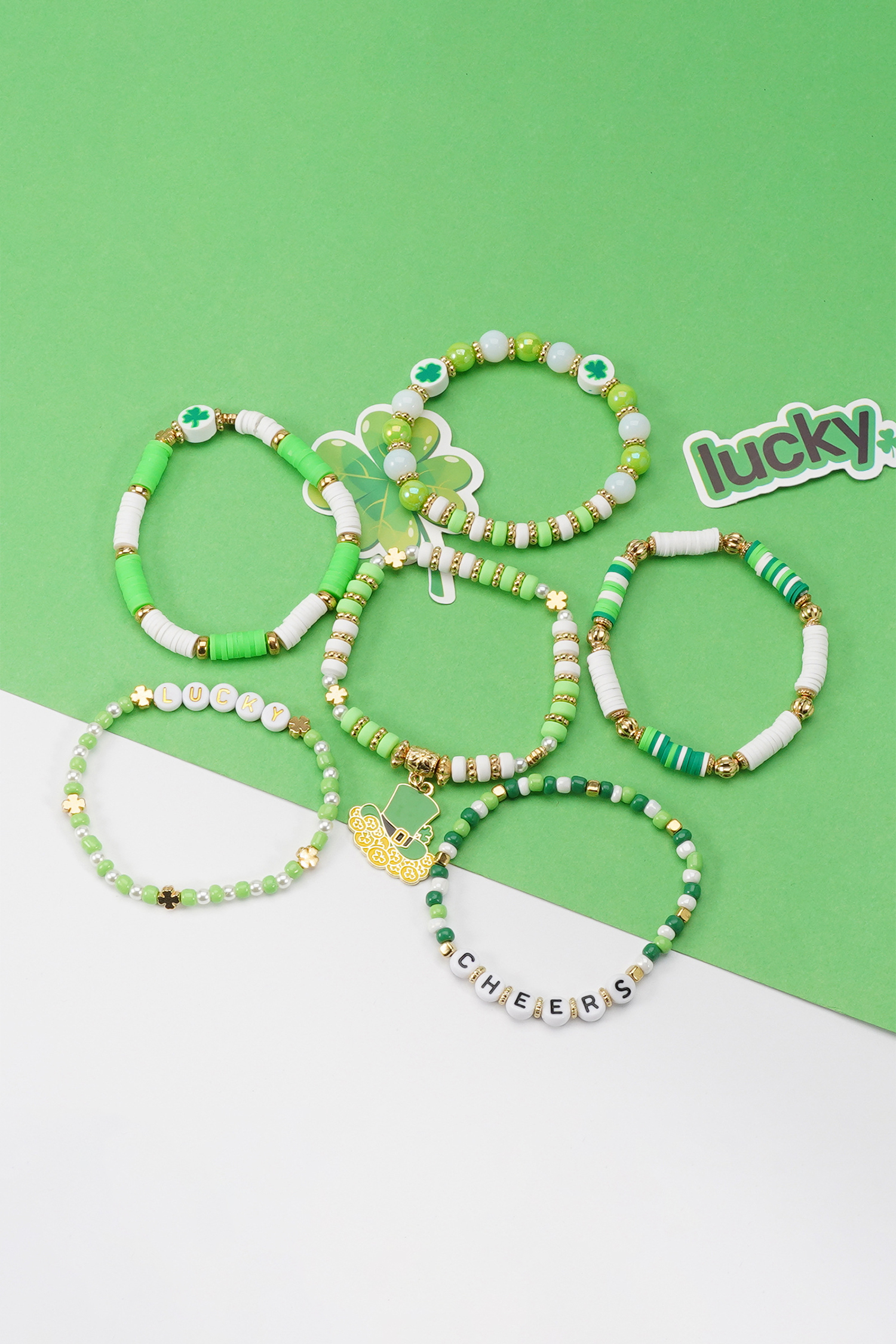 Green LUCKY CHEERS St Patricks Day Multilayered 6pcs Bracelet Set - loveforevers
