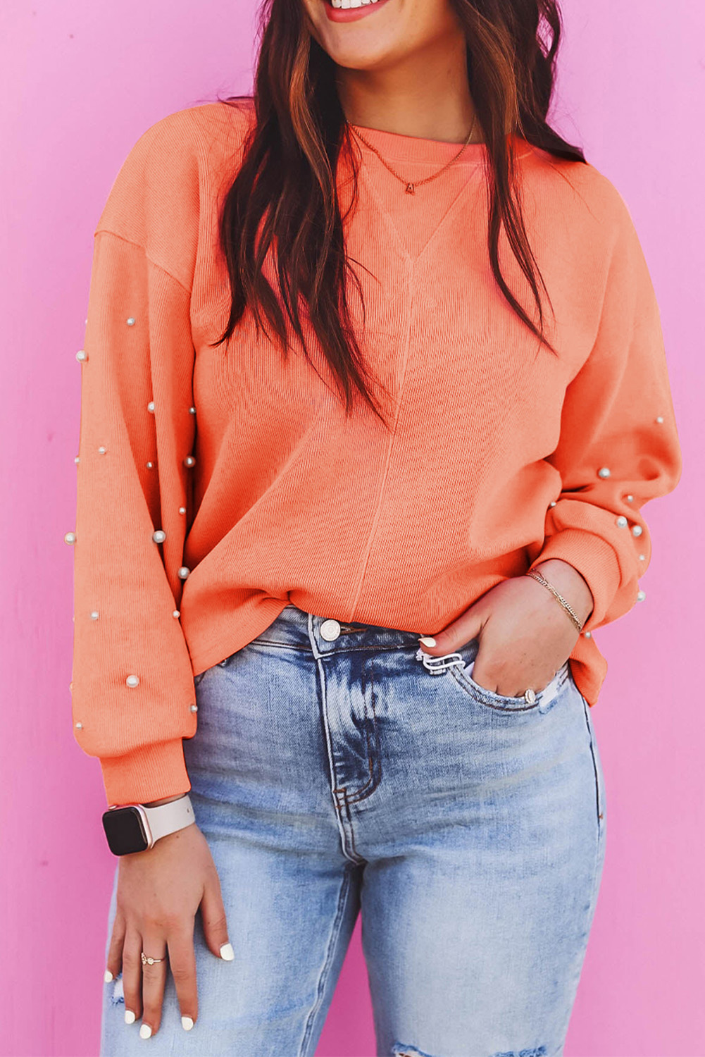 Myosotis Pearled Sleeves Drop Shoulder Round Neck Pullover Sweatshirt - loveforevers