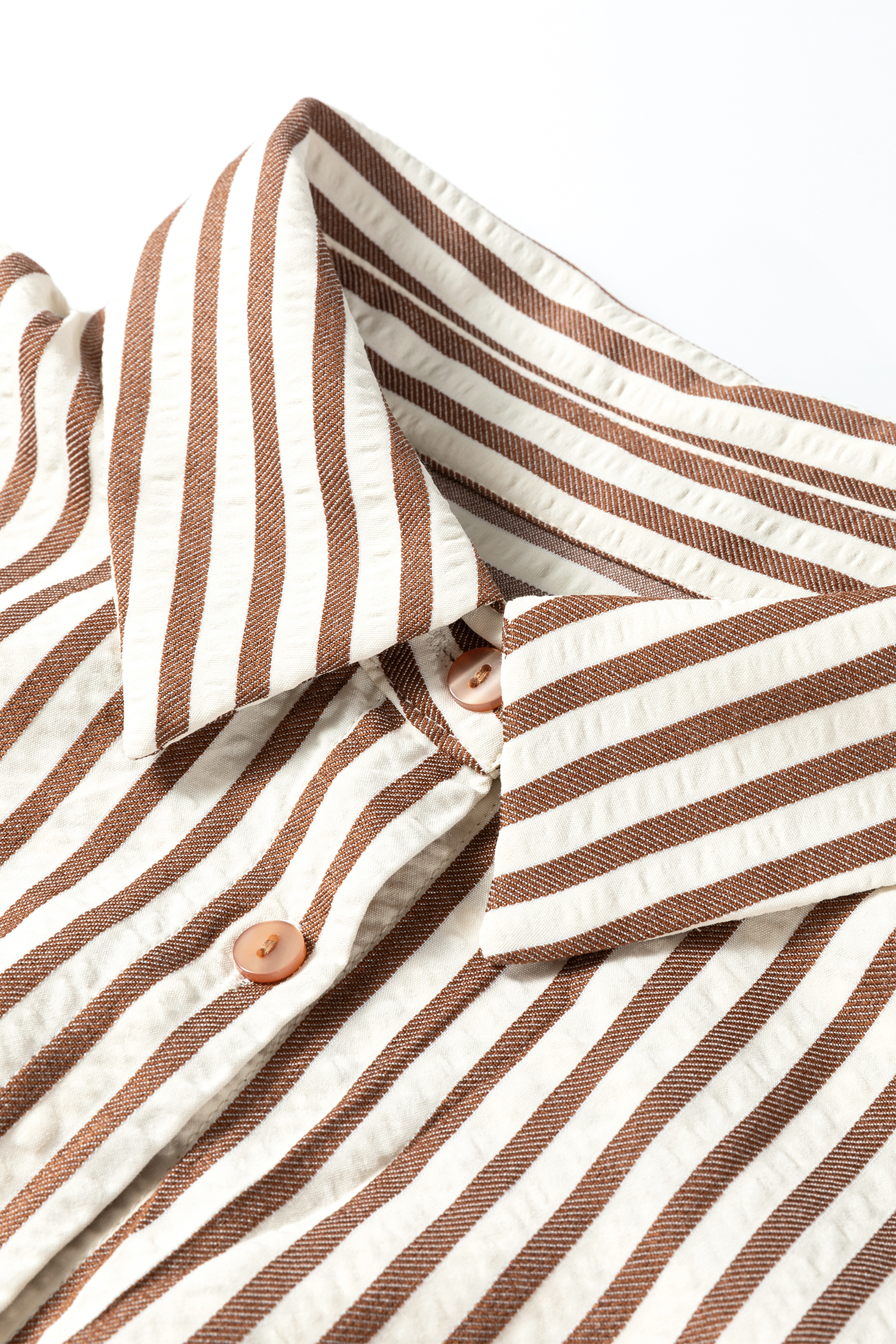 Brown Stripe Textured 3/4 Sleeve Round Hem Split Midi Shirt Dress - loveforevers