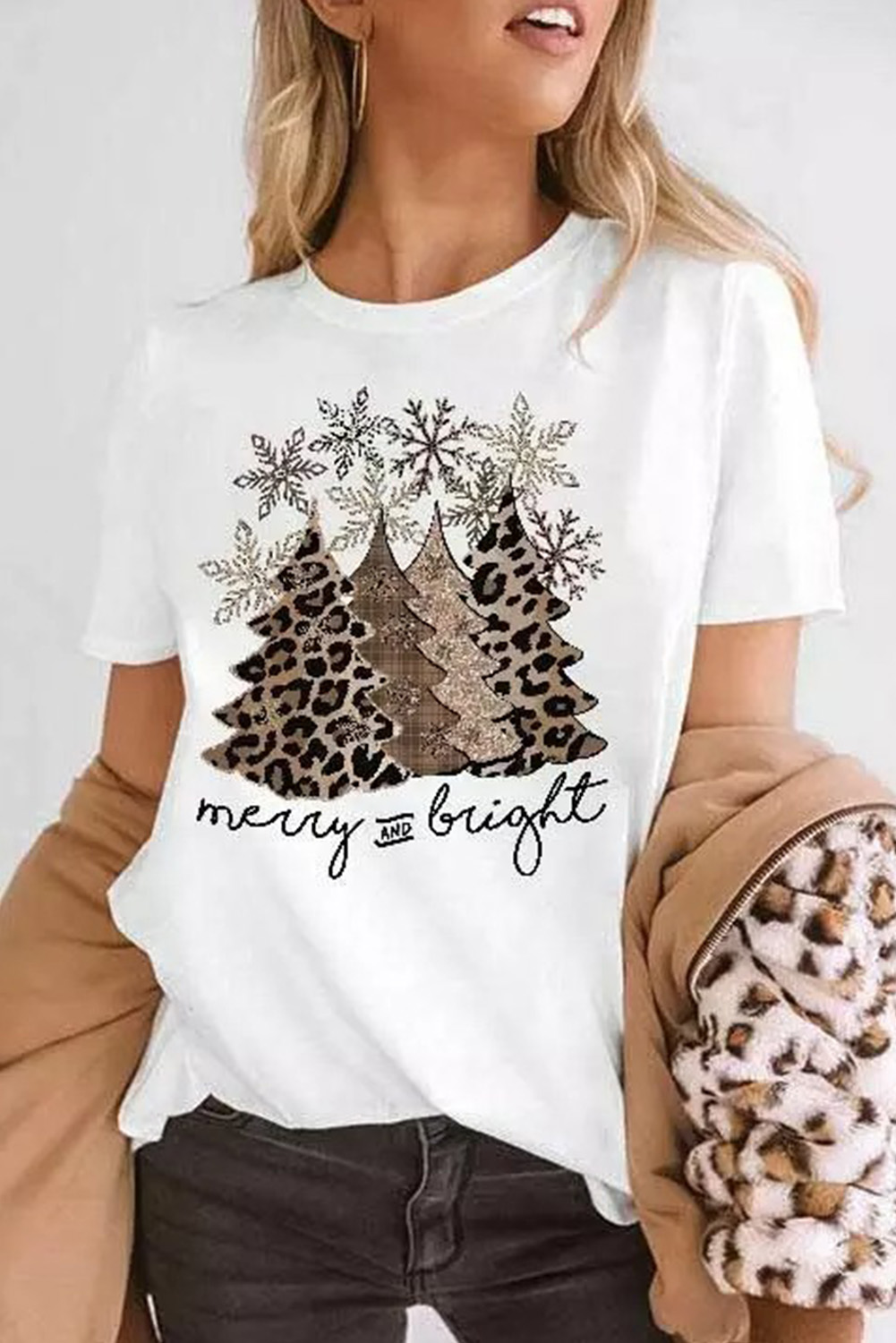 Black Leopard Christmas Tree Graphic Crew Neck T Shirt - loveforevers