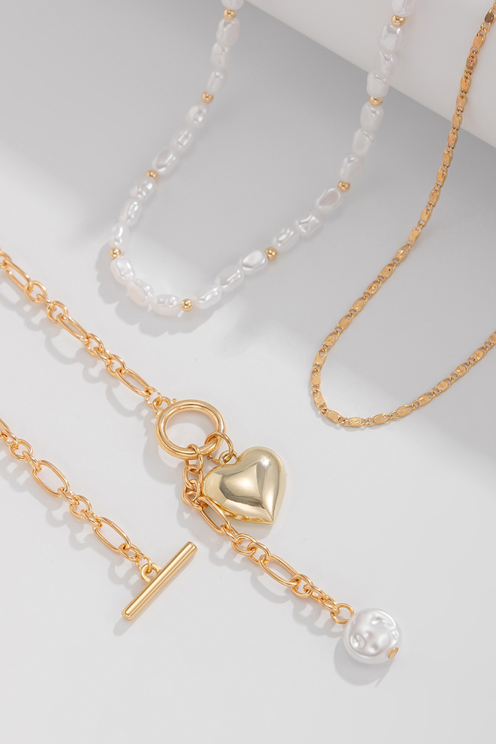 Gold Plated Heart Charm Pearl Chain Layered Necklace - loveforevers