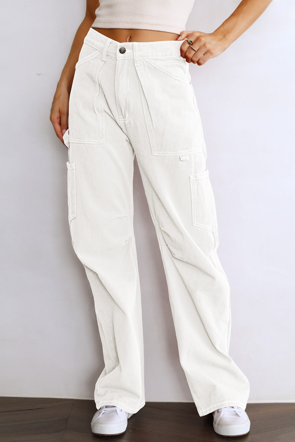 White High Waist Straight Leg Cargo Pants with Pockets - loveforevers