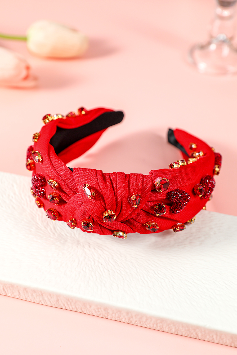 Fiery Red Rhinestone Heart Glass Drill Studded Knotted Wide Headband - loveforevers