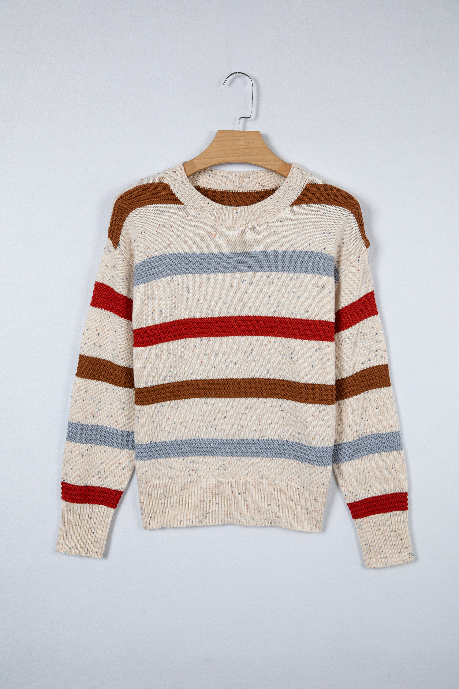 Beige Stripe Exposed Seam Drop Shoulder Heathered Knit Sweater - loveforevers